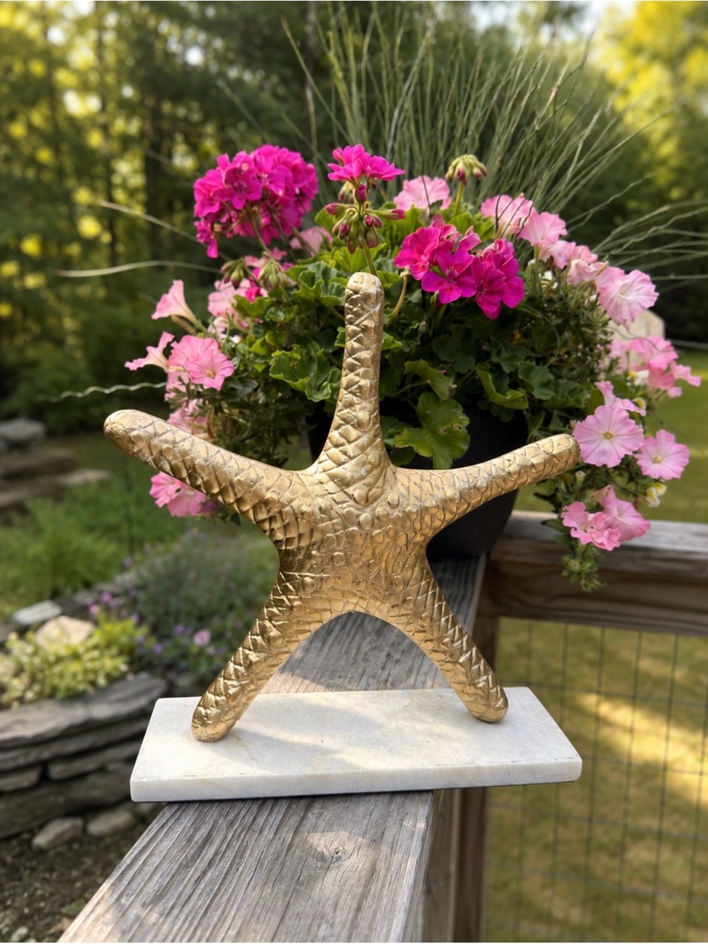 Large Starfish Sculpture on Marble - Coastal Decor | Gold w/Silver Flecks